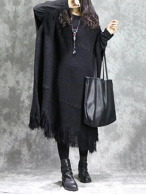 Knitted black Sweater dress outfit DIY o neck tassel Mujer sweater dress - SooLinen