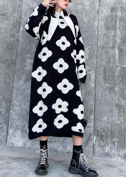 Knitted black print Sweater Aesthetic Women o neck baggy knit dress - SooLinen