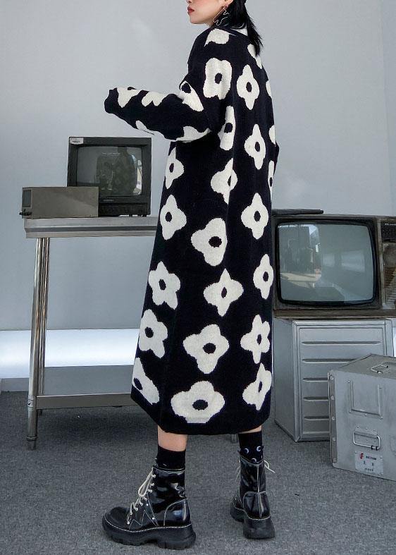 Knitted black print Sweater Aesthetic Women o neck baggy knit dress - SooLinen