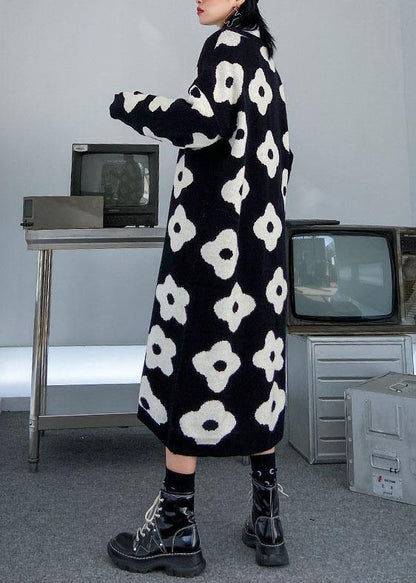 Knitted black print Sweater Aesthetic Women o neck baggy knit dress - SooLinen