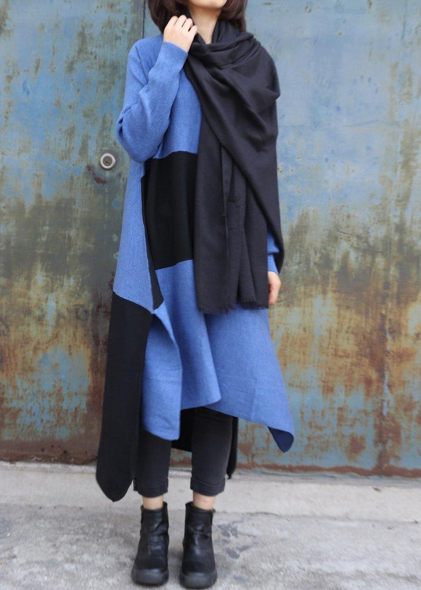 Knitted blue Sweater dress outfit DIY side open baggy low high design knit dress - SooLinen