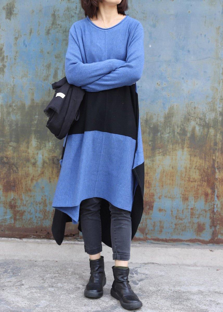Knitted blue Sweater dress outfit DIY side open baggy low high design knit dress - SooLinen