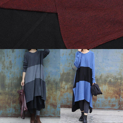 Knitted blue Sweater dress outfit DIY side open baggy low high design knit dress - SooLinen
