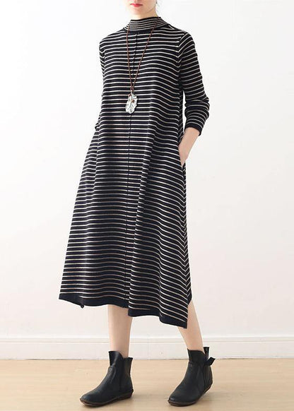 Knitted high neck Sweater weather plus size black striped baggy knitwear - SooLinen