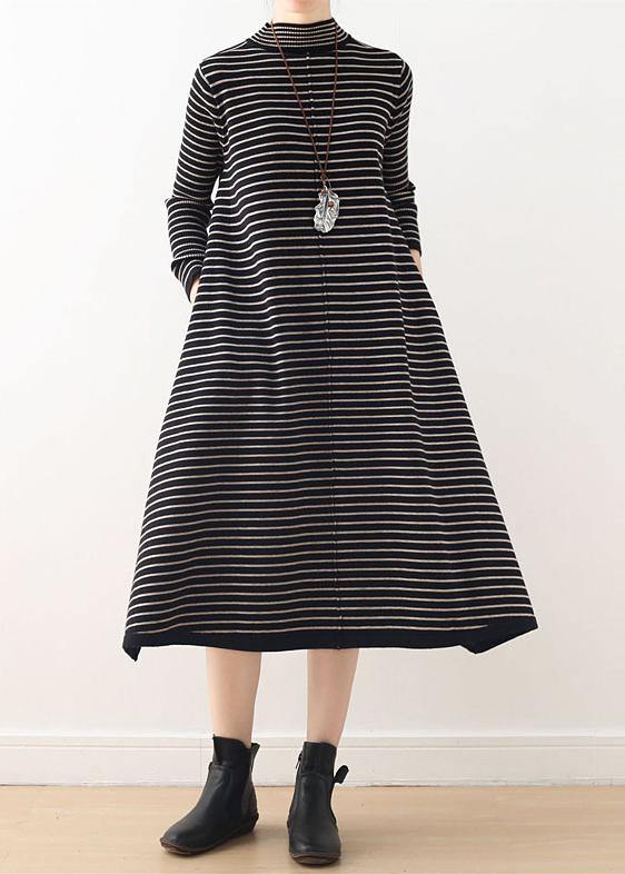 Knitted high neck Sweater weather plus size black striped baggy knitwear - SooLinen