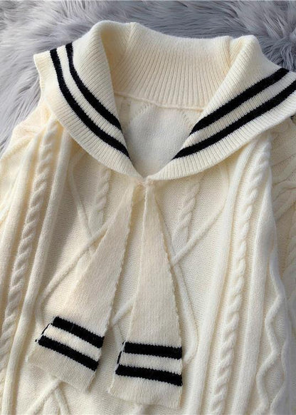 Knitted high neck patchwork Sweater fall dresses plus size beige daily sweater dresses - SooLinen