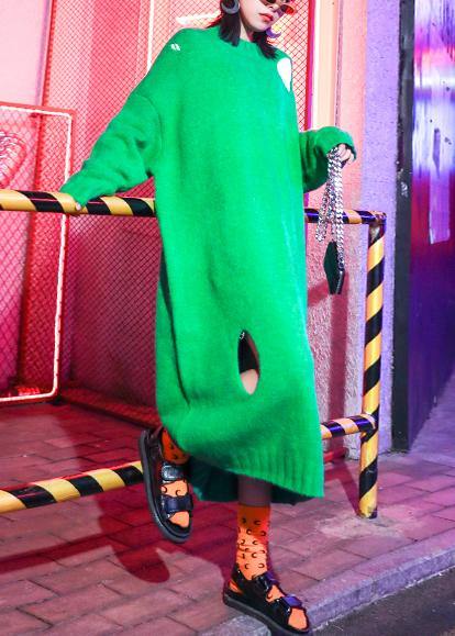 Knitted o neck Hole Sweater weather Design green daily knit dress - SooLinen