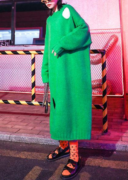Knitted o neck Hole Sweater weather Design green daily knit dress - SooLinen