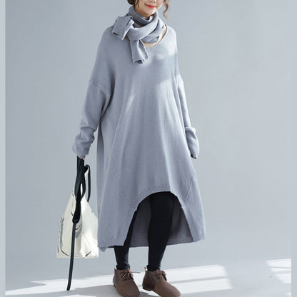 Knitted o neck asymmetric Sweater outfits Upcycle gray Fuzzy knit top