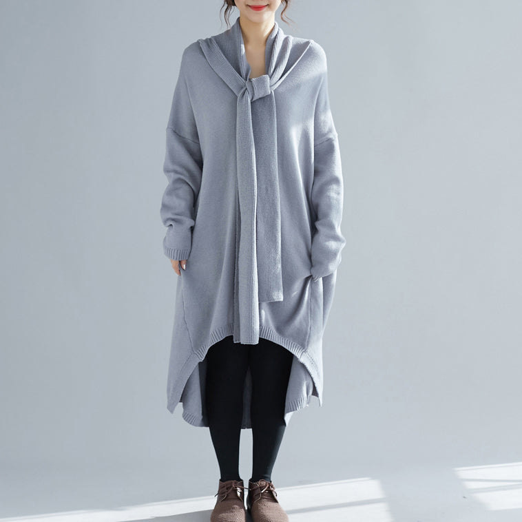 Knitted o neck asymmetric Sweater outfits Upcycle gray Fuzzy knit top