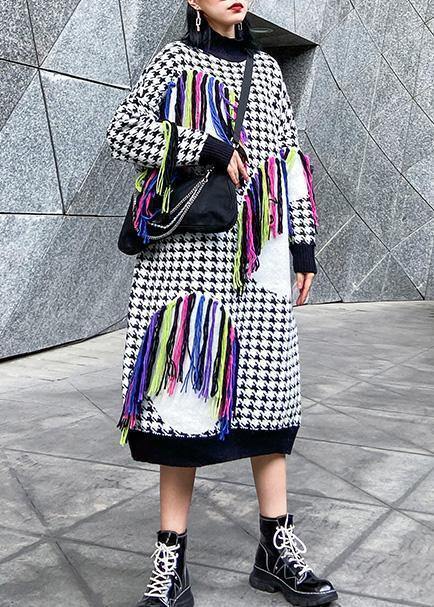 Knitted plaid Sweater dresses Design tassel oversized high neck sweater dresses - SooLinen