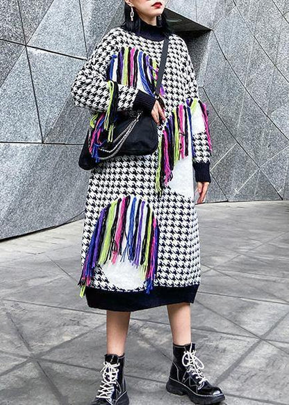 Knitted plaid Sweater dresses Design tassel oversized high neck sweater dresses - SooLinen
