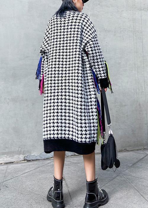 Knitted plaid Sweater dresses Design tassel oversized high neck sweater dresses - SooLinen
