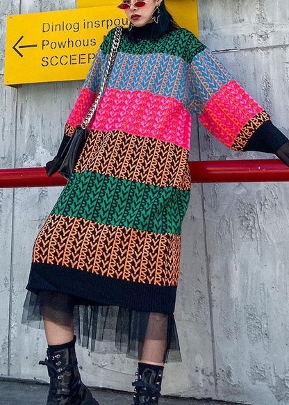 Knitted rainbow Sweater dress outfit Beautiful o neck spring sweater dress - SooLinen