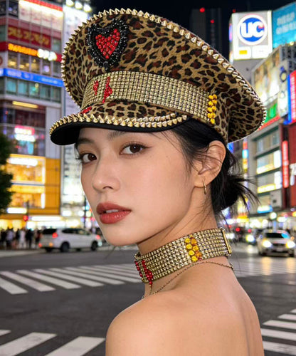 Korean Leopard Print Zircon Flat Brimmed Hat