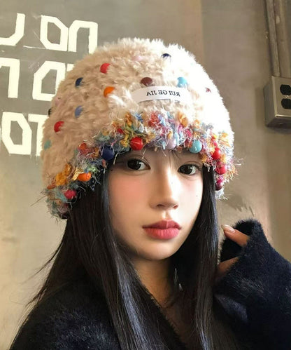 Gorro boonie cálido de punto con múltiples cuentas de piel afelpada en beige estilo coreano