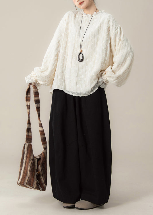 Conjunto de dos piezas con top y pantalón de encaje de manga larga color albaricoque dulce estilo coreano