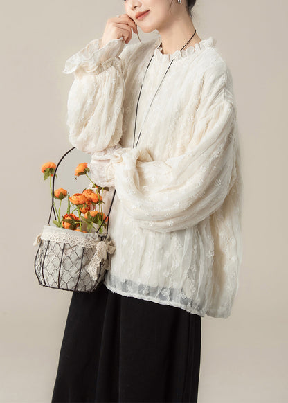 Koreanischer Stil: Süß-aprikosenfarbenes Langarm-Spitzenoberteil und passende Hose (2-teiliges Outfit)