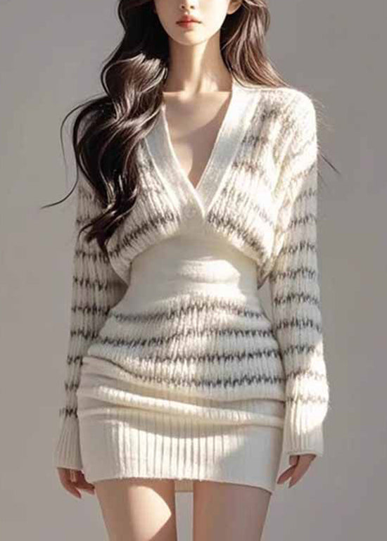 Korean Style Waist Cinching Striped Knitted Slim Fit Dress
