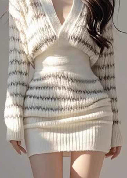 Korean Style Waist Cinching Striped Knitted Slim Fit Dress