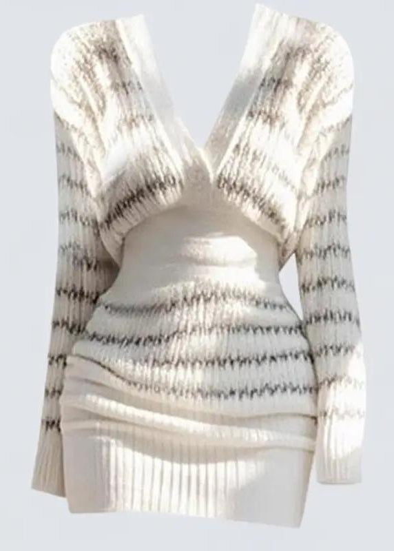 Korean Style Waist Cinching Striped Knitted Slim Fit Dress