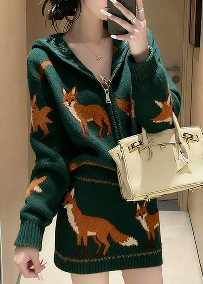 Koreanisches zweiteiliges Set: Grünes Strickjacquard-Oberteil und Rock (Winter)