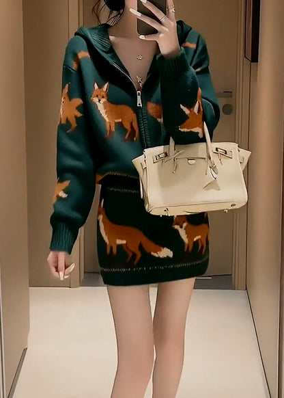 Koreanisches zweiteiliges Set: Grünes Strickjacquard-Oberteil und Rock (Winter)