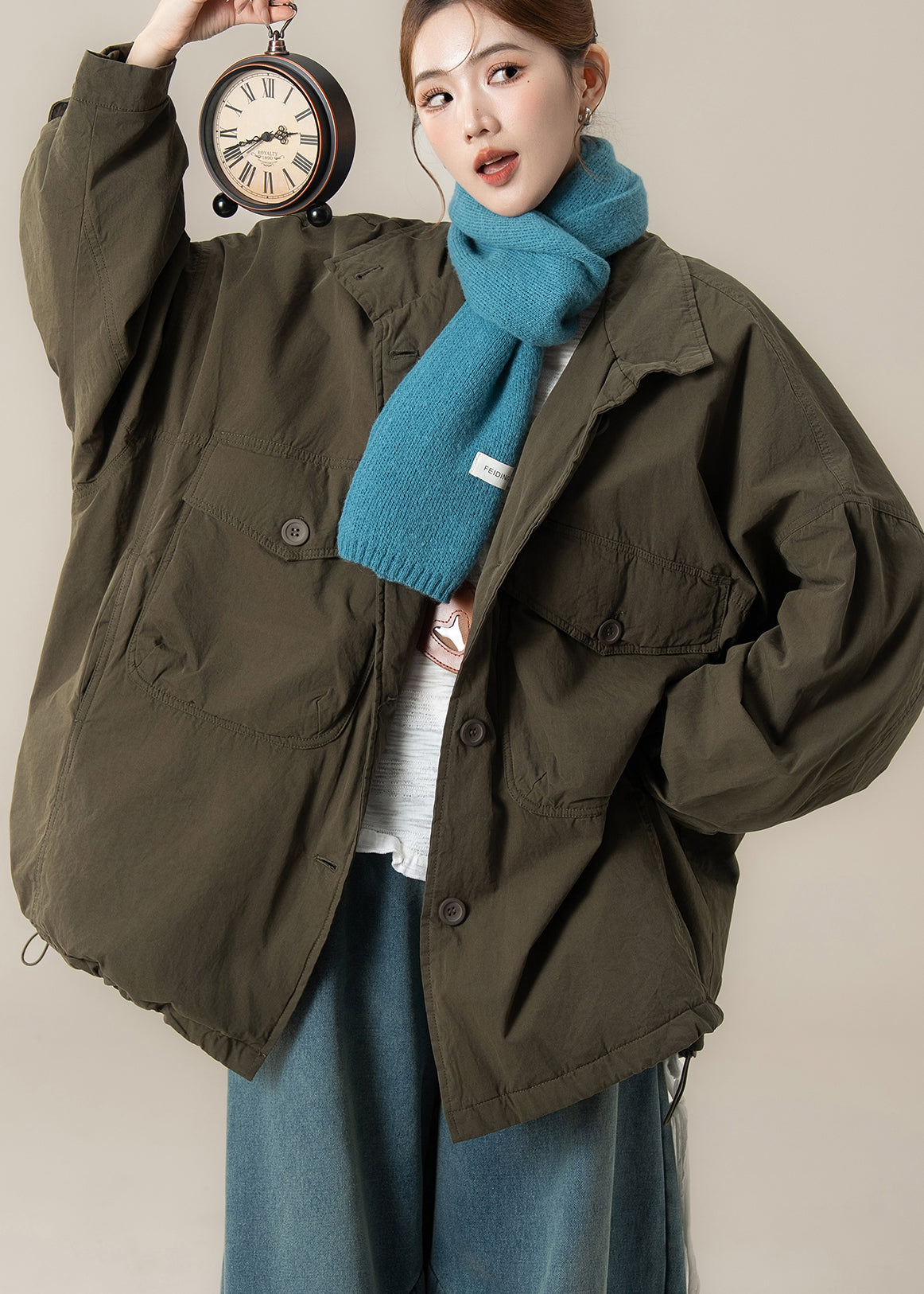 Chaqueta de algodón con bolsillo verde, versión coreana, para invierno