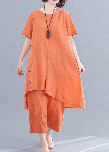 Korean version of the loose large size orange women's irregular tops + pants casual cotton and linen - SooLinen