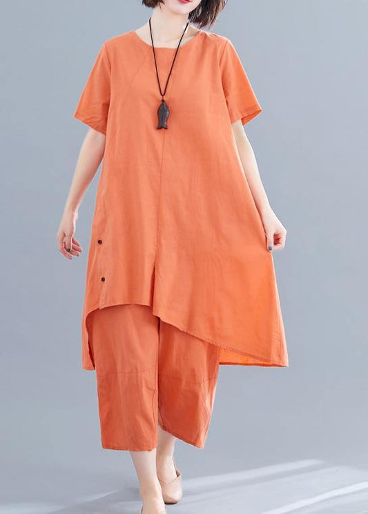 Korean version of the loose large size orange women's irregular tops + pants casual cotton and linen - SooLinen