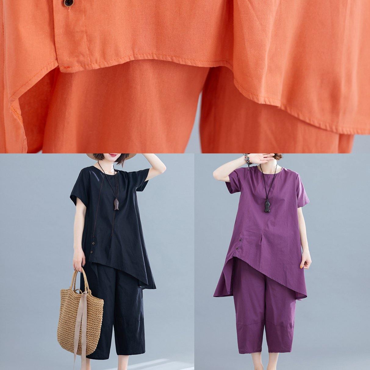 Korean version of the loose large size orange women's irregular tops + pants casual cotton and linen - SooLinen