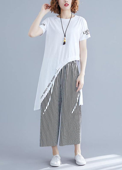 Korean women's short-sleeved T-shirt casual striped wide-leg pants suit - SooLinen