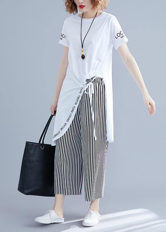 Korean women's short-sleeved T-shirt casual striped wide-leg pants suit - SooLinen