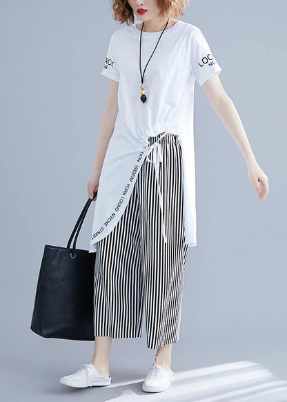 Korean women's short-sleeved T-shirt casual striped wide-leg pants suit - SooLinen