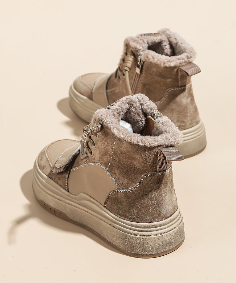 Schnürstiefel mit Plateauabsatz, Khaki, Kunstleder, flauschiges Wollfutter