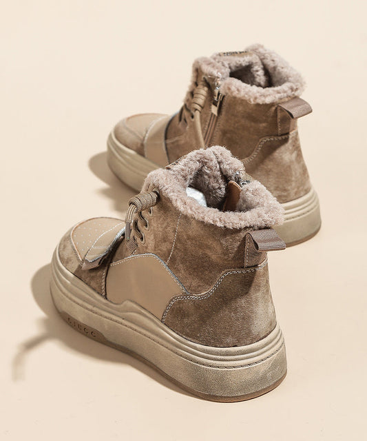 Schnürstiefel mit Plateauabsatz, Khaki, Kunstleder, flauschiges Wollfutter