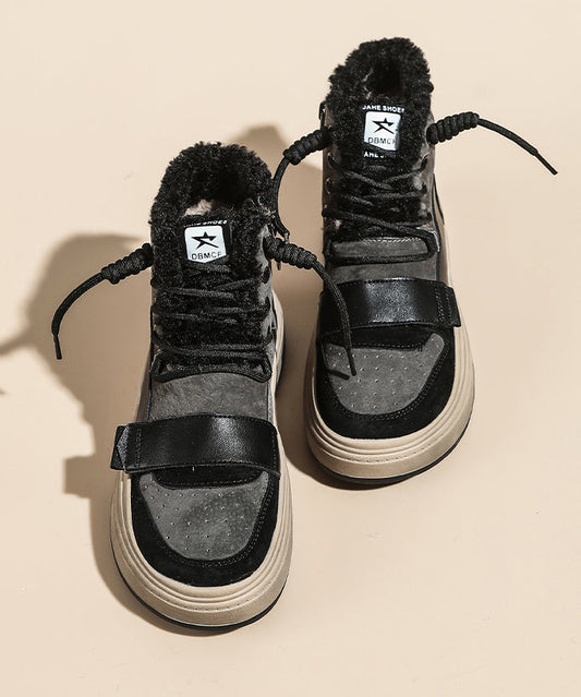 Schnürstiefel mit Plateauabsatz, Khaki, Kunstleder, flauschiges Wollfutter