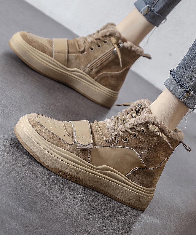 Schnürstiefel mit Plateauabsatz, Khaki, Kunstleder, flauschiges Wollfutter