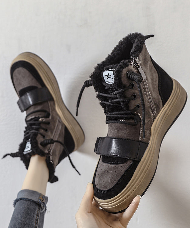 Schnürstiefel mit Plateauabsatz, Khaki, Kunstleder, flauschiges Wollfutter