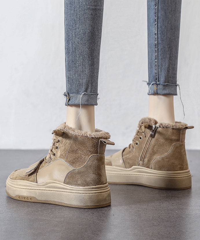 Schnürstiefel mit Plateauabsatz, Khaki, Kunstleder, flauschiges Wollfutter