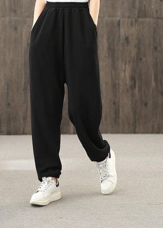 Ladies autumn art black elastic waist pocket casual pants - SooLinen