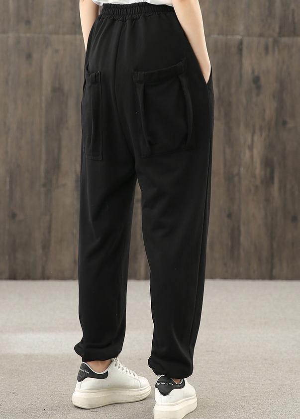 Ladies autumn art black elastic waist pocket casual pants - SooLinen