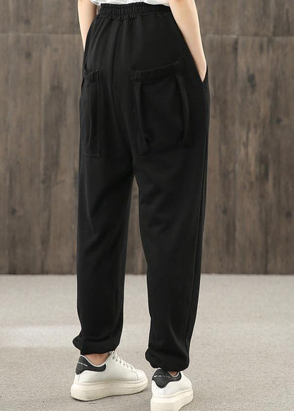 Ladies autumn art black elastic waist pocket casual pants - SooLinen
