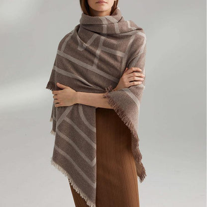 Ladies new khaki geometric big scarf autumn and winter thickening double-sided dual-use - SooLinen