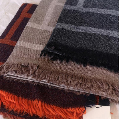 Ladies new khaki geometric big scarf autumn and winter thickening double-sided dual-use - SooLinen