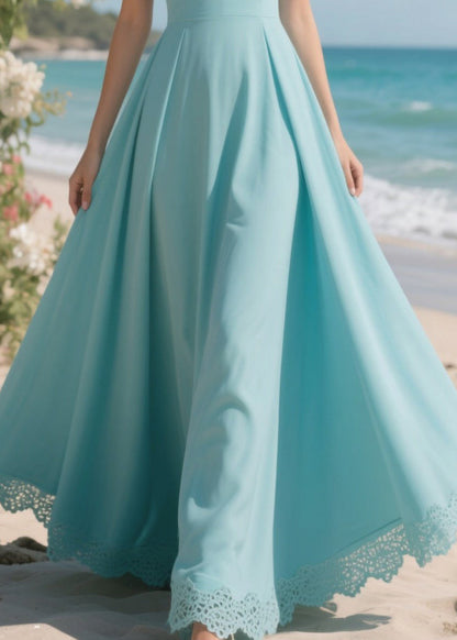 Lake Blue Patchwork Lace Chiffon Long Dress Exra Large Hem Summer