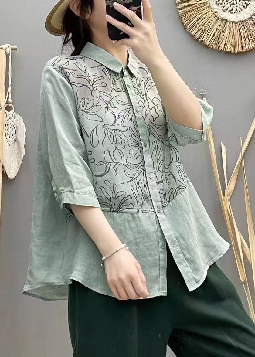Lake Blue Patchwork Linen Tops Print Half Sleeve