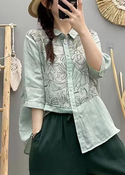 Lake Blue Patchwork Linen Tops Print Half Sleeve