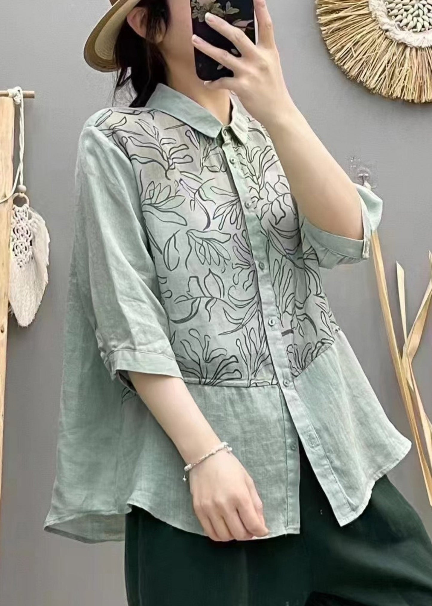 Lake Blue Patchwork Linen Tops Print Half Sleeve