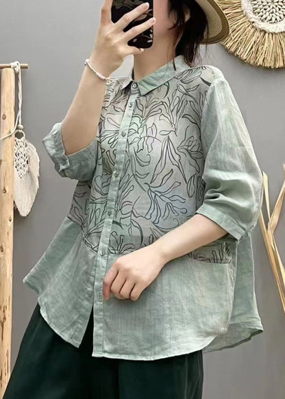 Lake Blue Patchwork Linen Tops Print Half Sleeve